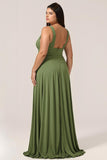 Olive A-Line Deep V-neck Spandex Plus Size Bridesmaid Dress with Slit