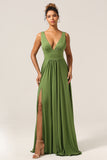 Olive A-Line Deep V-neck Spandex Floor Length Bridesmaid Dress with Slit