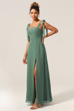 Eucalyptus A-Line Spaghetti Straps Floor Length Bridesmaid Dress with Slit