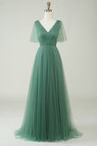 Eucalyptus A Line V Neck Floor Length Tulle Bridesmaid Dress