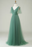 Eucalyptus A Line V Neck Floor Length Tulle Bridesmaid Dress