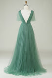 Eucalyptus A Line V Neck Floor Length Tulle Bridesmaid Dress