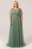 Eucalyptus A Line V Neck Tulle Plus Size Bridesmaid Dress