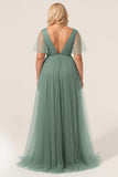 Eucalyptus A Line V Neck Tulle Plus Size Bridesmaid Dress
