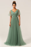 Eucalyptus A Line V Neck Floor Length Tulle Bridesmaid Dress