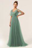 Eucalyptus A Line V Neck Floor Length Tulle Bridesmaid Dress