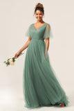 Eucalyptus A Line V Neck Floor Length Tulle Bridesmaid Dress