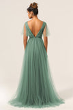 Eucalyptus A Line V Neck Floor Length Tulle Bridesmaid Dress