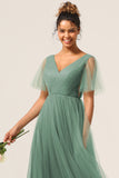 Eucalyptus A Line V Neck Floor Length Tulle Bridesmaid Dress