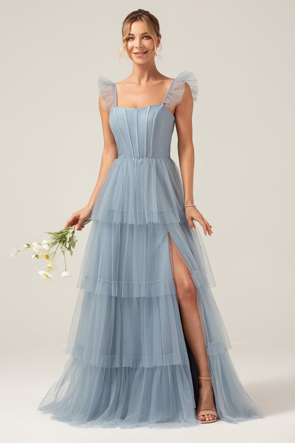 Wedtrend Women Dusty Blue Bridesmaid Dress A Line Spaghetti Straps Floor Length Tulle Wedding Guest Dress Dusty Blue US20W