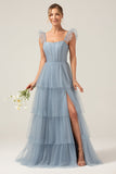 Eucalyptus A Line Spaghetti Straps Floor Length Tulle Bridesmaid Dress