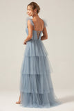 A Line Spaghetti Straps Tiered Floor Length Tulle Purple Bridesmaid Dress