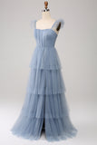 A Line Spaghetti Straps Tiered Tulle Long Navy Bridesmaid Dress With Slit