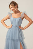 Dusty Blue A Line Spaghetti Straps Floor Length Tulle Bridesmaid Dress