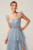 Dusty Blue A Line Spaghetti Straps Floor Length Tulle Bridesmaid Dress