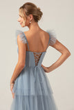 Dusty Blue A Line Spaghetti Straps Floor Length Tulle Bridesmaid Dress