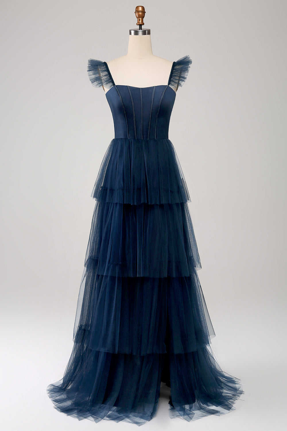 Wedtrend Women Navy Bridesmaid Dress A Line Square Neck Floor Length Tiered Tulle Wedding Party Dress With Slit WEDTREND Wedtrend Women Navy Bridesmaid Dress A Line Square Neck Floor Length Tiered Tulle Wedding Party Dress With Slit WEDTREND