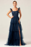 Dusty Blue A Line Spaghetti Straps Floor Length Tulle Bridesmaid Dress