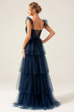 Navy A Line Spaghetti Straps Tiered Floor Length Tulle Bridesmaid Dress