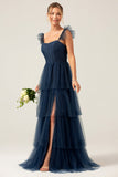 A Line Spaghetti Straps Tiered Floor Length Tulle Purple Bridesmaid Dress