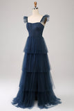 A Line Spaghetti Straps Tiered Tulle Long Navy Bridesmaid Dress With Slit