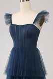 A Line Spaghetti Straps Tiered Tulle Long Navy Bridesmaid Dress With Slit