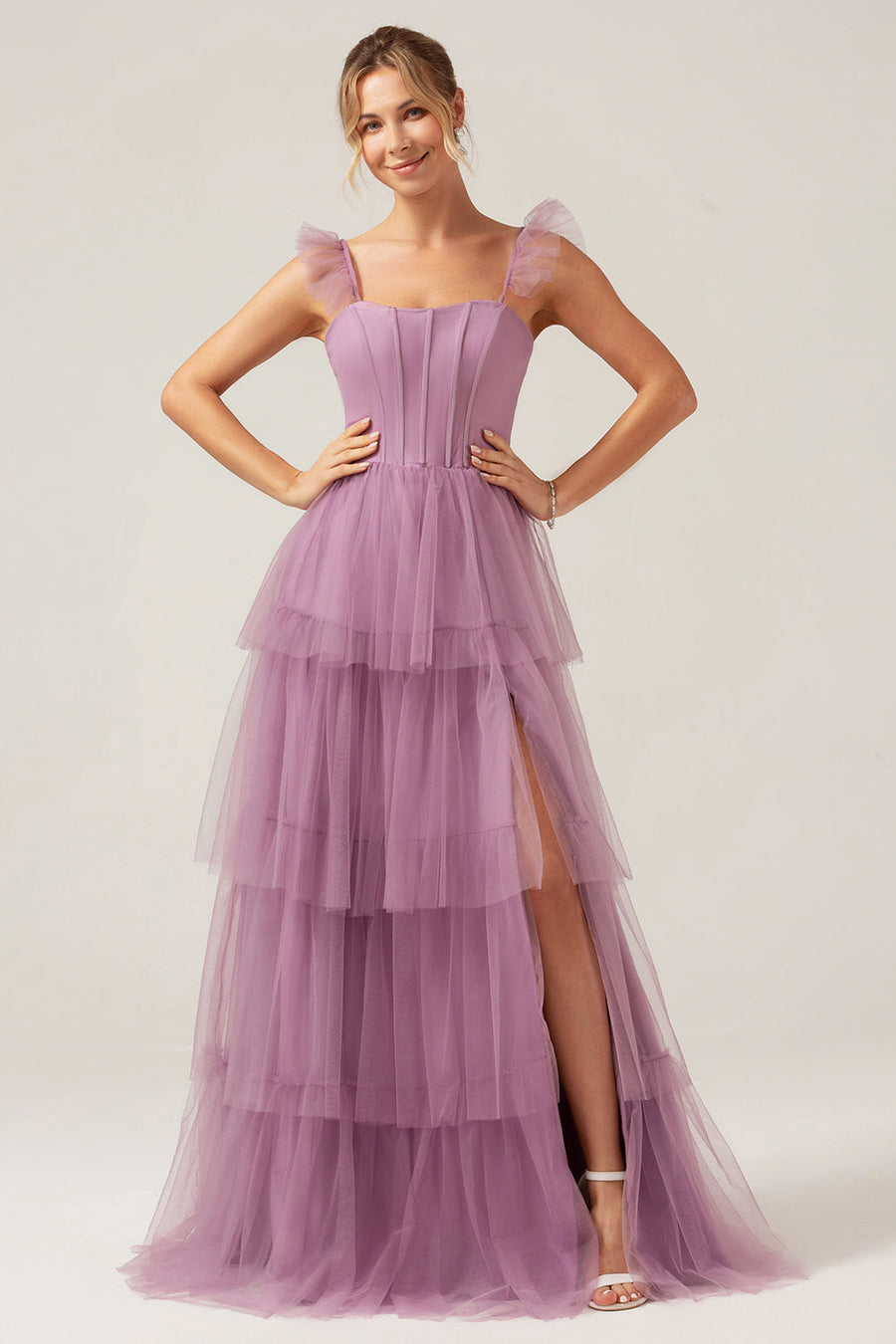 eternity bridal bridesmaid dresses Black Tiered Pleated Tulle Long Dress With Lace V-Neck Bustier main image 1