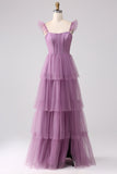Purple A Line Spaghetti Straps Tulle Long Bridesmaid Dress With Slit