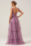 A Line Spaghetti Straps Tiered Floor Length Tulle Purple Bridesmaid Dress