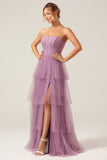 A Line Spaghetti Straps Tiered Floor Length Tulle Purple Bridesmaid Dress