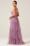 A Line Spaghetti Straps Tiered Floor Length Tulle Purple Bridesmaid Dress