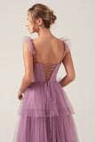 A Line Spaghetti Straps Tiered Floor Length Tulle Purple Bridesmaid Dress