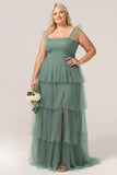 Eucalyptus A Line Spaghetti Straps Floor Length Plus Size Tulle Bridesmaid Dress