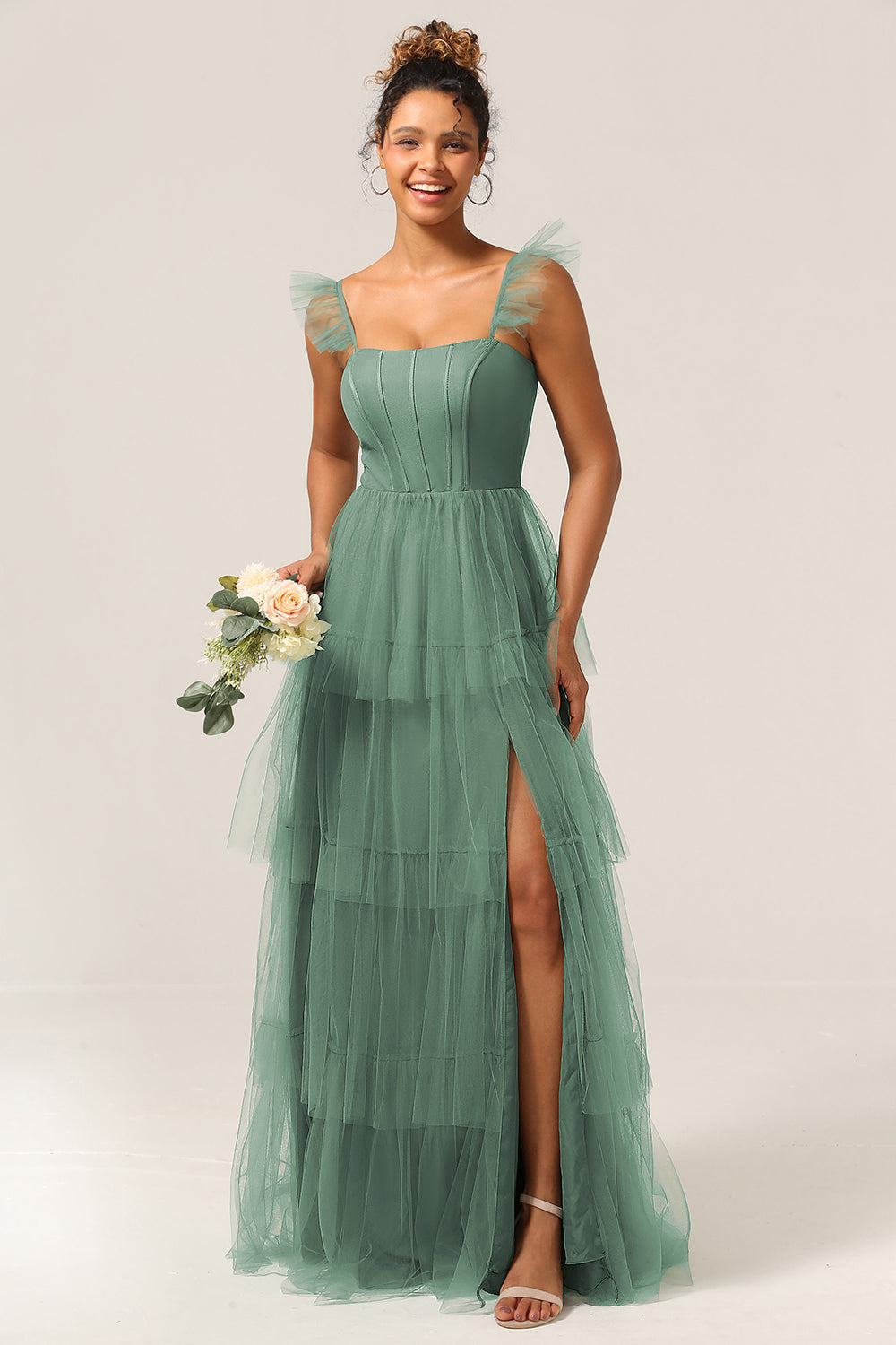 Eucalyptus A Line Spaghetti Straps Floor Length Tulle Bridesmaid Dress