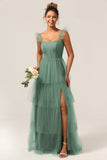 Dusty Blue A Line Spaghetti Straps Floor Length Tulle Bridesmaid Dress