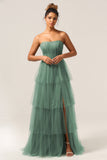 Navy A Line Spaghetti Straps Tiered Floor Length Tulle Bridesmaid Dress