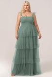 Eucalyptus A Line Spaghetti Straps Floor Length Plus Size Tulle Bridesmaid Dress