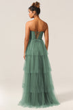 A Line Spaghetti Straps Tiered Floor Length Tulle Purple Bridesmaid Dress