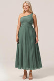 Eucalyptus A Line One Shoulder Ruched Chiffon Plus Size Bridesmaid Dress