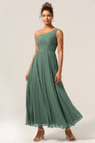 Eucalyptus A Line One Shoulder Ruched Chiffon Bridesmaid Dress