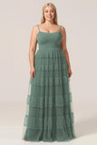 Eucalyptus A Line Spaghetti Straps Tiered Tulle Plus Size Bridesmaid Dress