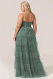 Eucalyptus A Line Spaghetti Straps Tiered Tulle Plus Size Bridesmaid Dress