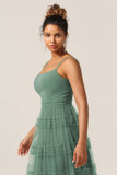 Eucalyptus A Line Spaghetti Straps Tiered Tulle Bridesmaid Dress