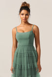 Eucalyptus A Line Spaghetti Straps Tiered Tulle Bridesmaid Dress