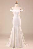 Ivory Mermaid Off The Shoulder Sweep Train Wedding Dress With Sleeveless