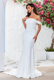 Ivory Mermaid Off the Shoulder Sweep Train Satin Wedding Dress