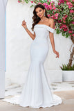 Ivory Mermaid Off the Shoulder Sweep Train Satin Wedding Dress