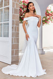 Ivory Mermaid Off the Shoulder Sweep Train Satin Wedding Dress