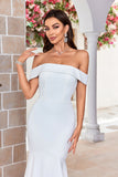 Ivory Mermaid Off the Shoulder Sweep Train Satin Wedding Dress