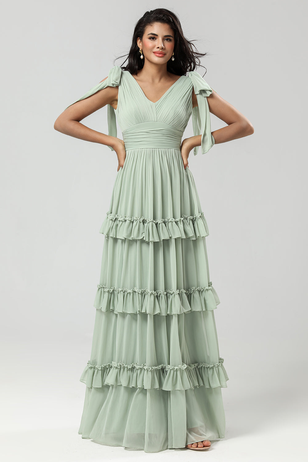 Dusty Sage A Line V-Neck Long Knitted Chiffon Bridesmaid Dress With Ruffles